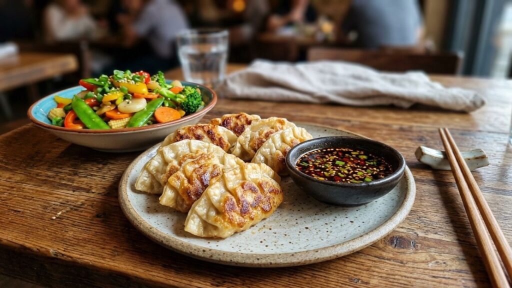 Seasonal Dumplings Served with Dipping Sauce and Fresh Vegetables