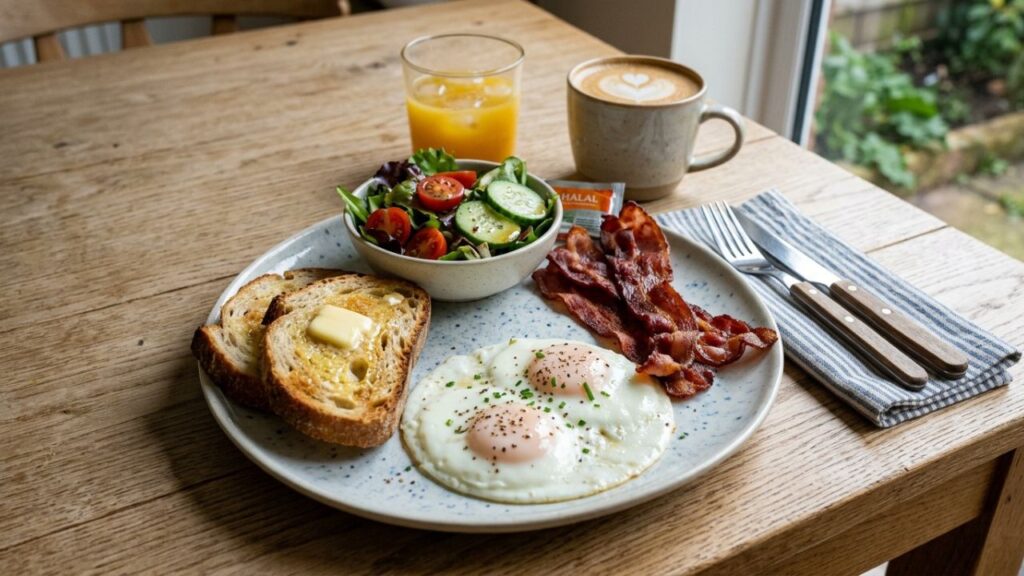 Halal bacon served with eggs, toast, and salad as a complete meal