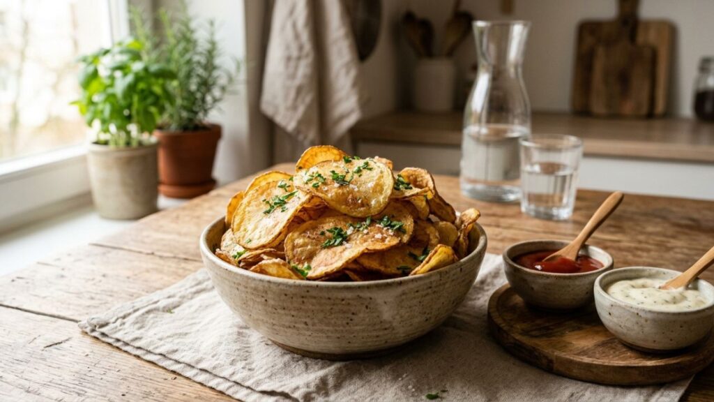 Crispy chips served in a bowl with dips and herbs