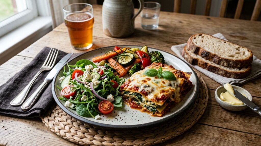 Halal cheese dish with salad and bread