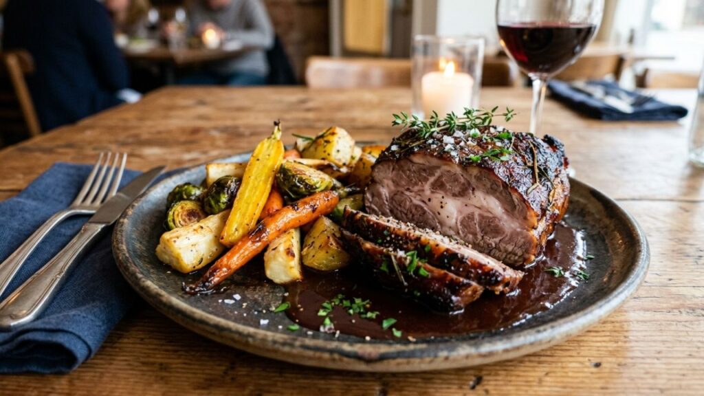 Mangalitsa pork served with roasted vegetables and a tangy sauce.