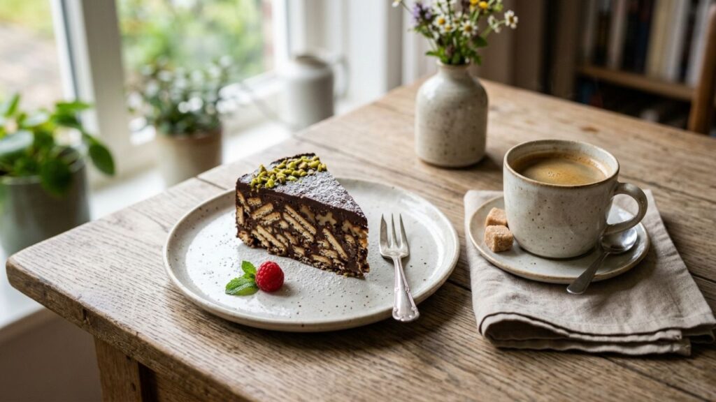 Slices of mosaic cake served on a plate with a hot beverage.
