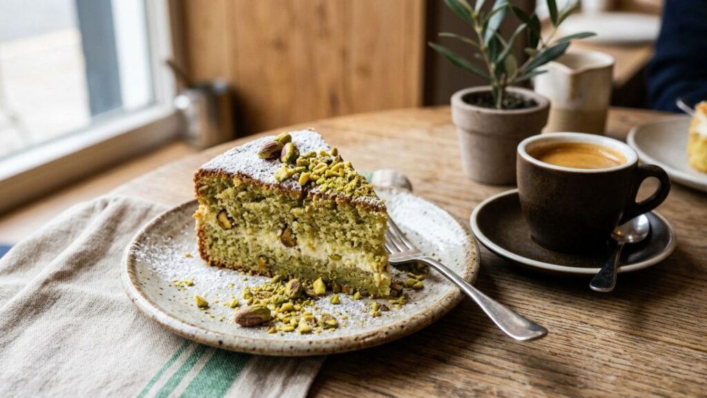 Pistachio ricotta cake dusted with powdered sugar and topped with pistachios