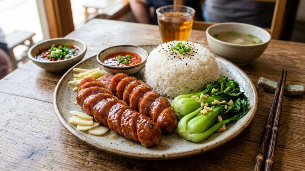Taiwan sausage slices plated with steamed rice and vegetables.