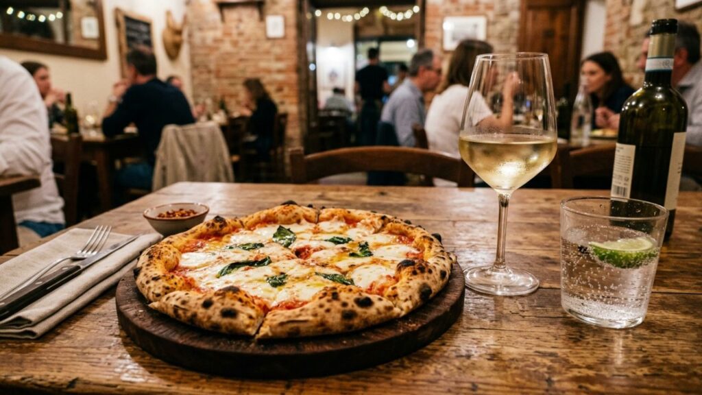 Pizza slices served with salad and drinks on table
