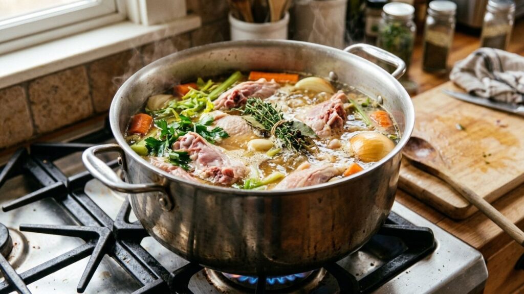 Chicken backs simmering with vegetables