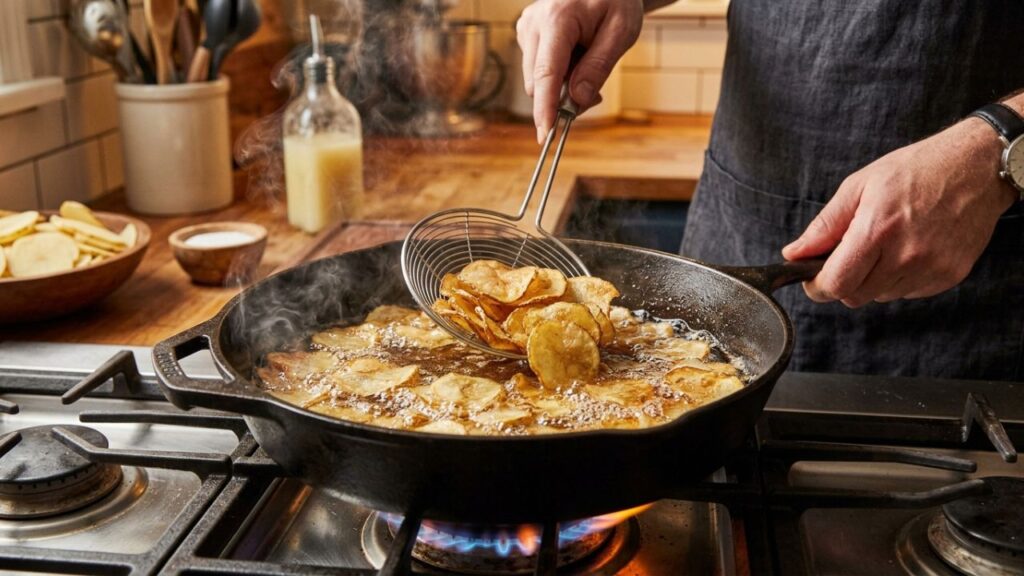 Potato slices frying in hot beef tallow in a pan