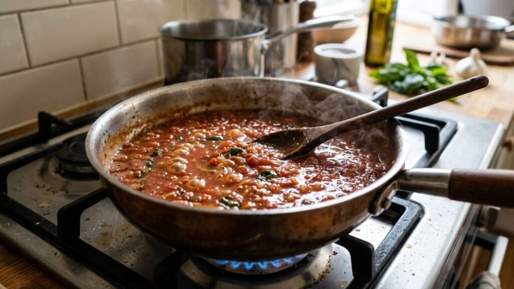 Tomato-based meat sauce simmering in a pot