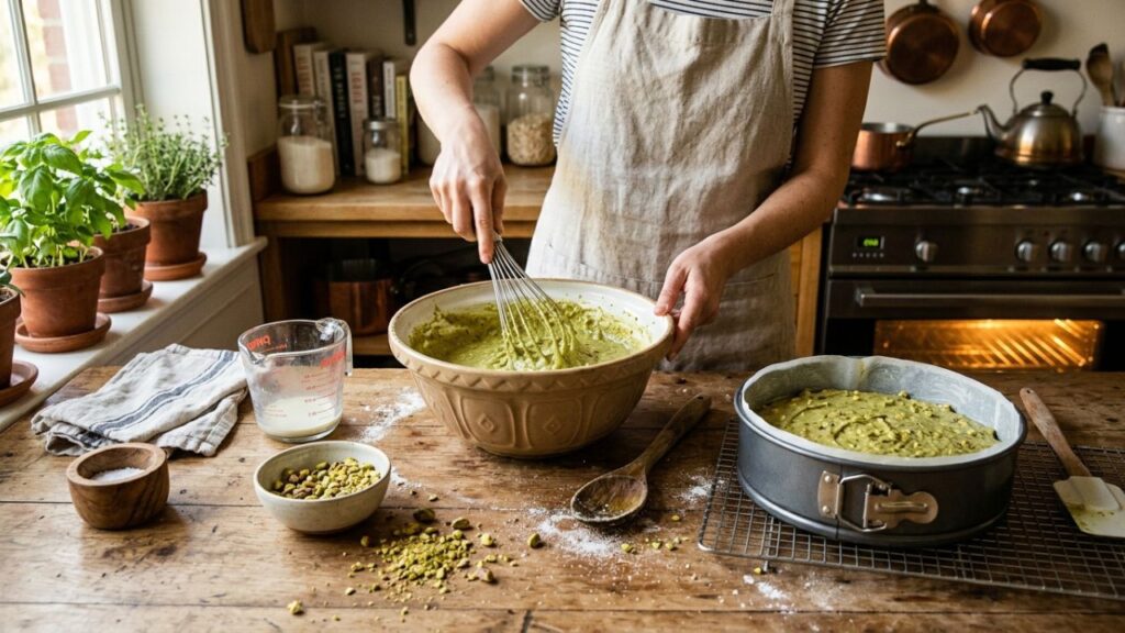 Ingredients lined up for making pistachio ricotta cake