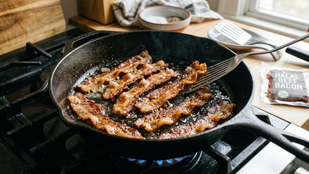  Halal bacon cooking in a skillet, showing step-by-step progress.