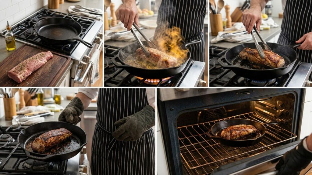 Searing in a skillet for a crispy exterior and tender interior