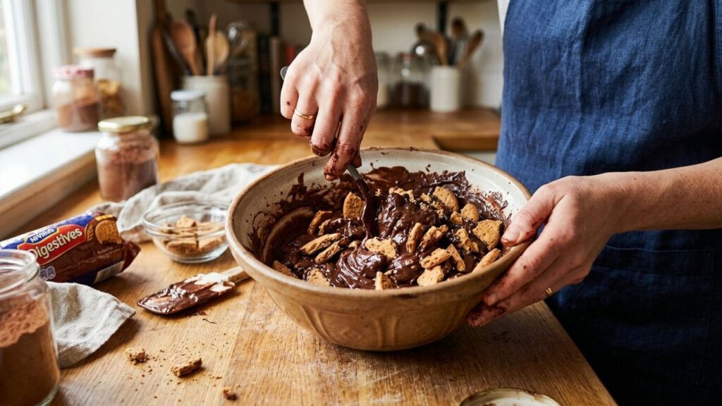 Mixing chocolate and biscuit pieces to make mosaic cake.