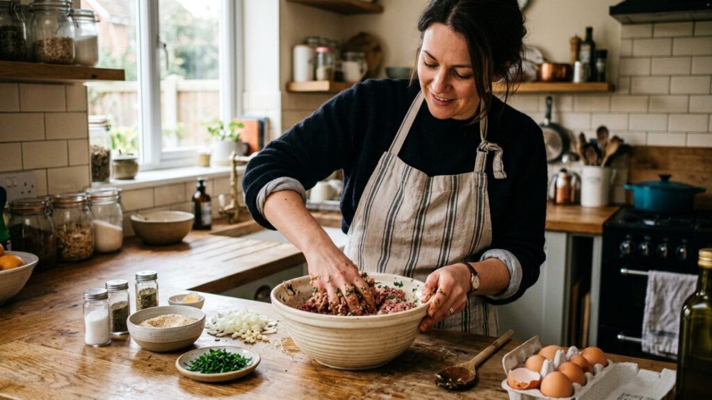Mixing the meatball ingredients in a bowl.