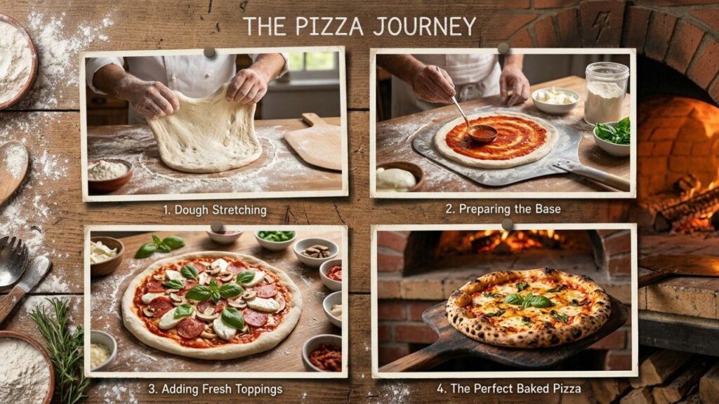  Pizza making steps dough stretching topping and baking collage