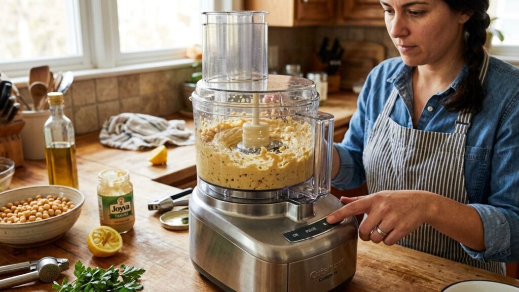 Blending hummus to a smooth texture.
