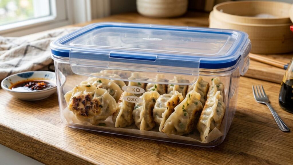 Stored leftover Peking ravioli in a container
