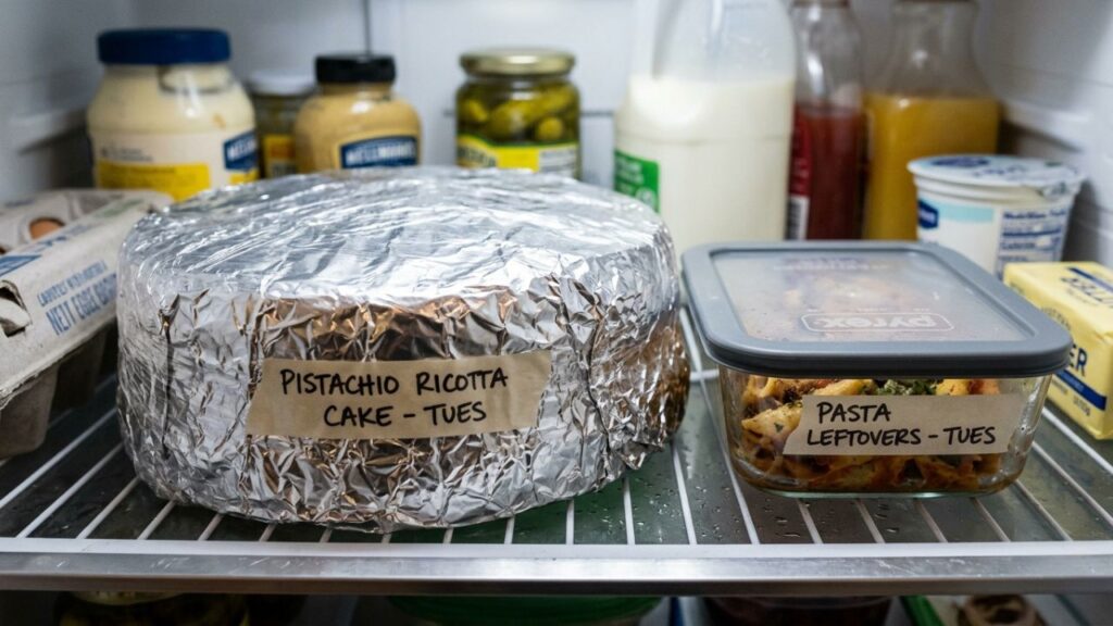 Pistachio ricotta cake stored in an airtight container