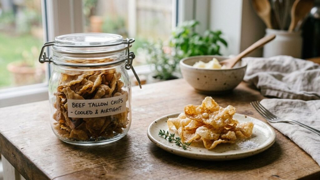 Stored beef tallow chips in an airtight container with reheated crispy chips