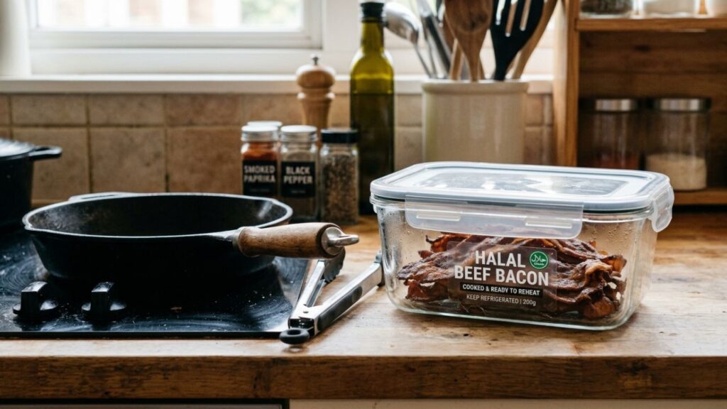 Properly stored halal bacon in a container ready for reheating