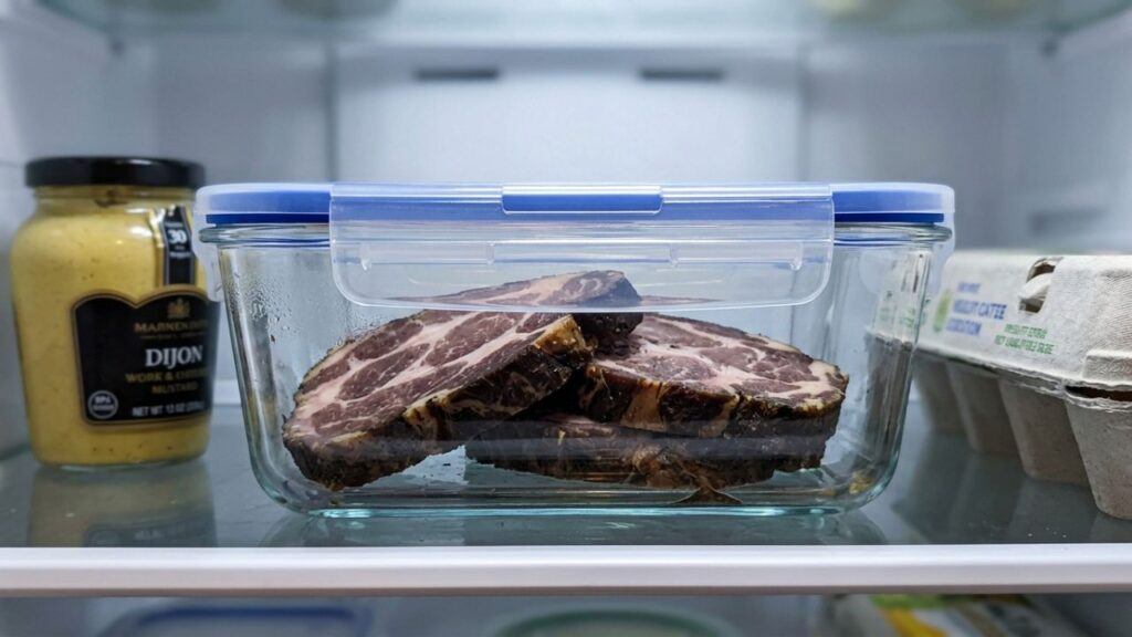 Leftover Mangalitsa pork stored in a container and reheated in the oven.