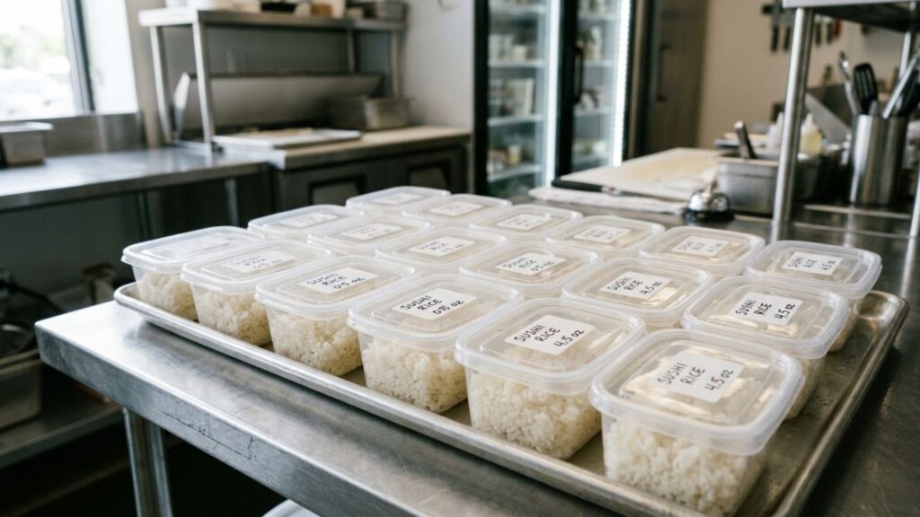Stored sushi rice in container