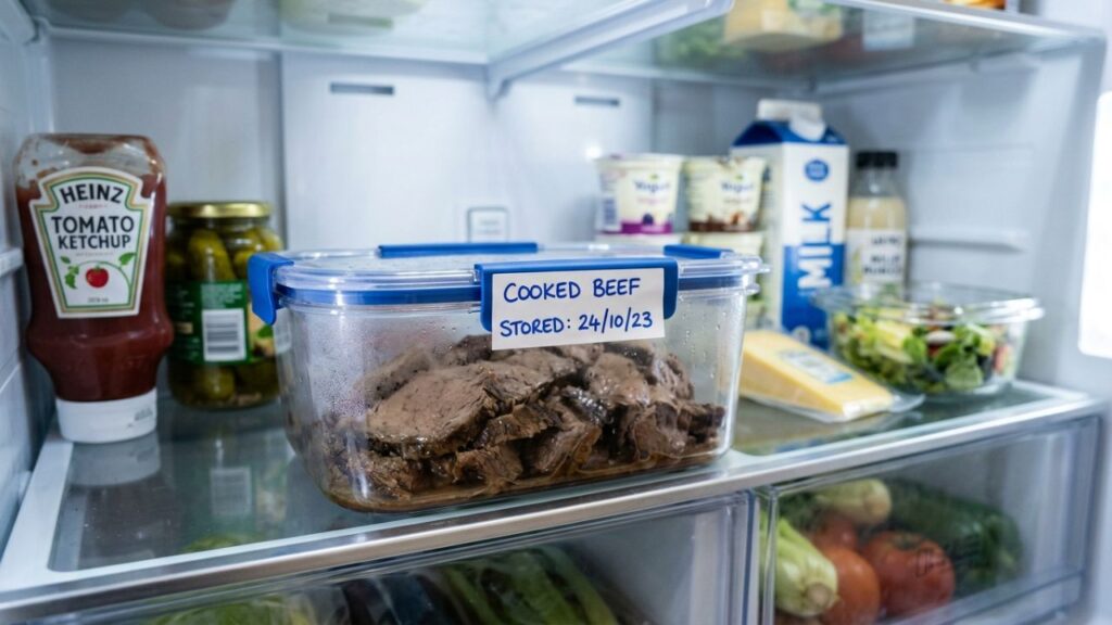 Leftover  stored in an airtight container in the fridge