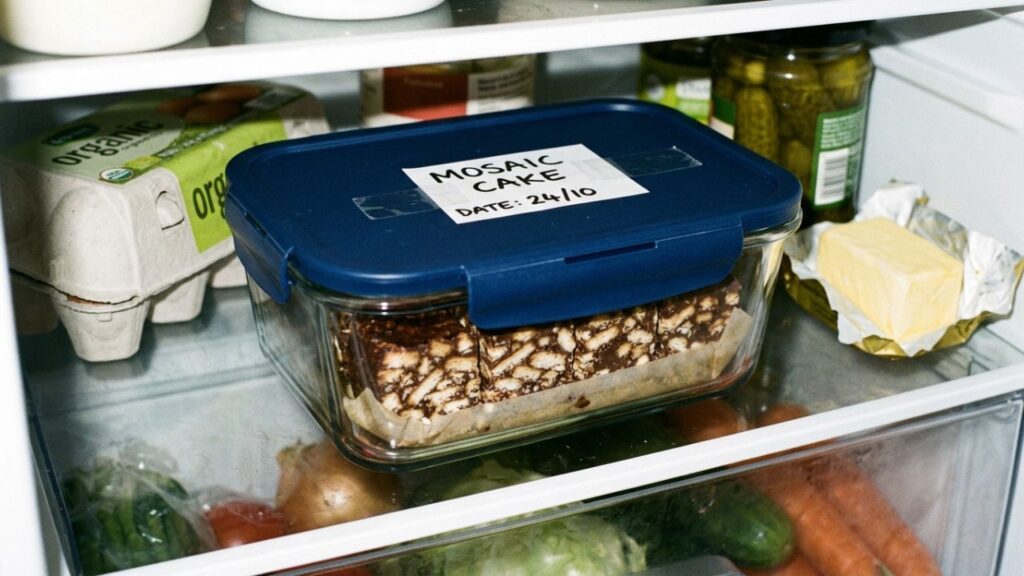 Mosaic cake stored in an airtight container in the fridge.