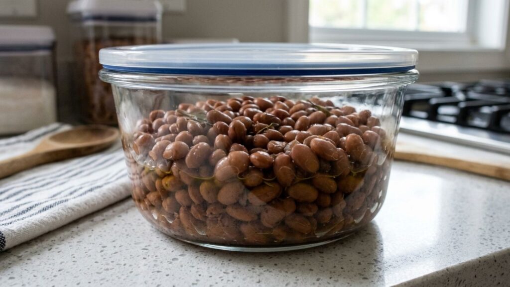 Cooked beans in glass container for storage