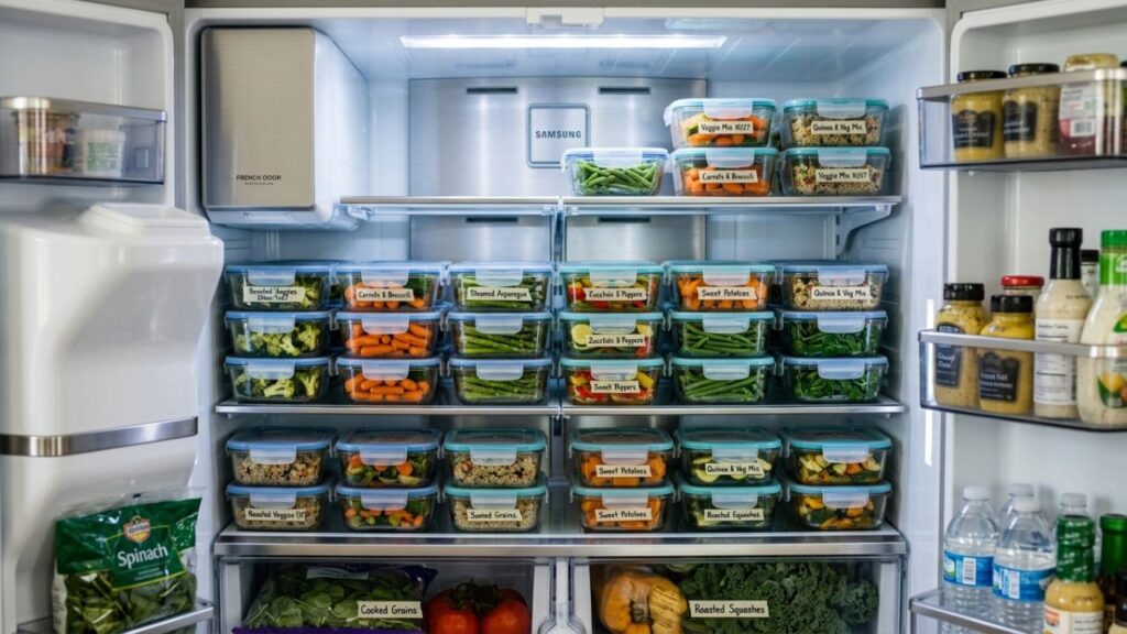 Cooked vegetables in clear containers in the fridge.