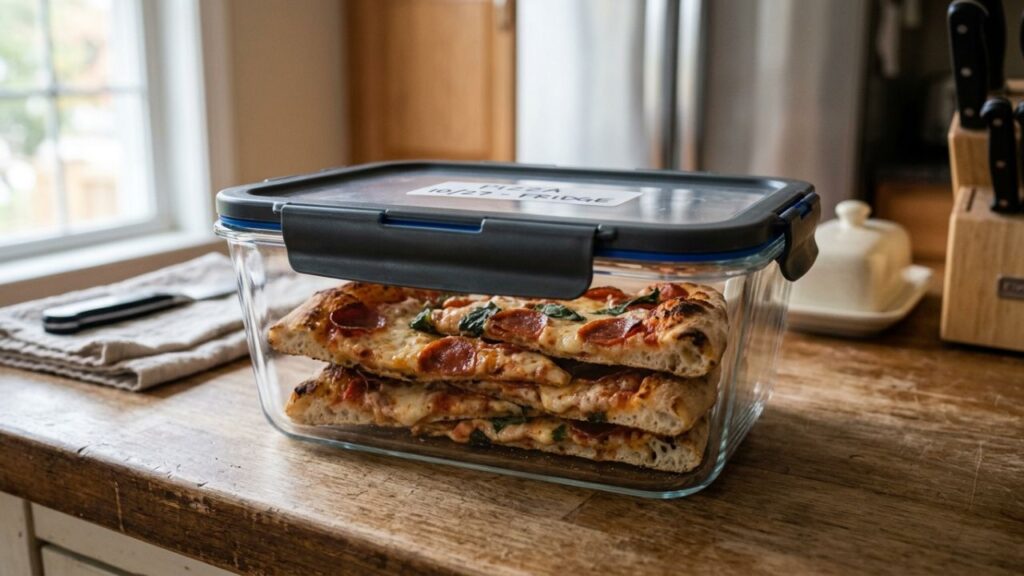 Pizza slices stored in airtight container