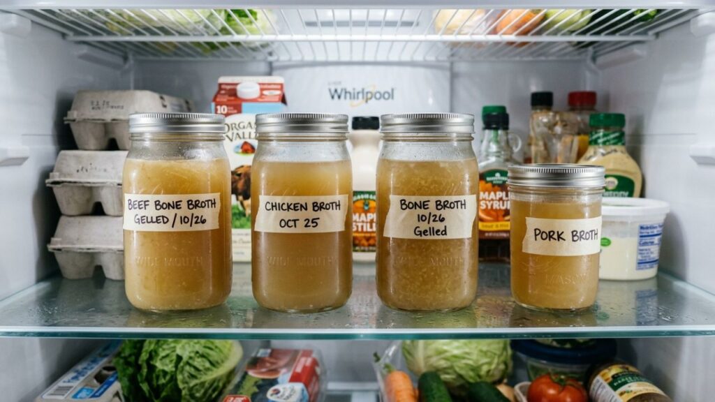 Homemade bone broth stored in glass jars.