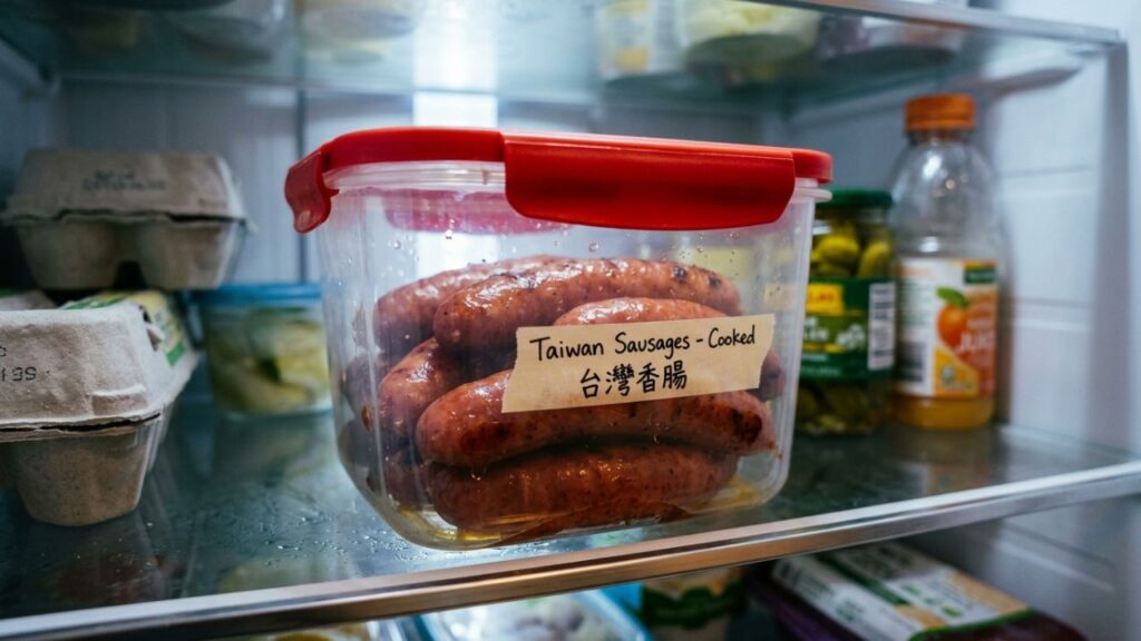 Cooked stored in a refrigerator container.