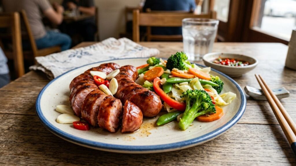 Taiwan sausages served with fresh vegetables for a balanced meal.