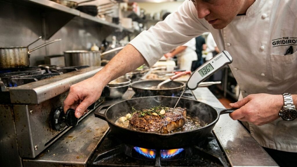 Overcooked beef on a plate, with a dry and tough texture.