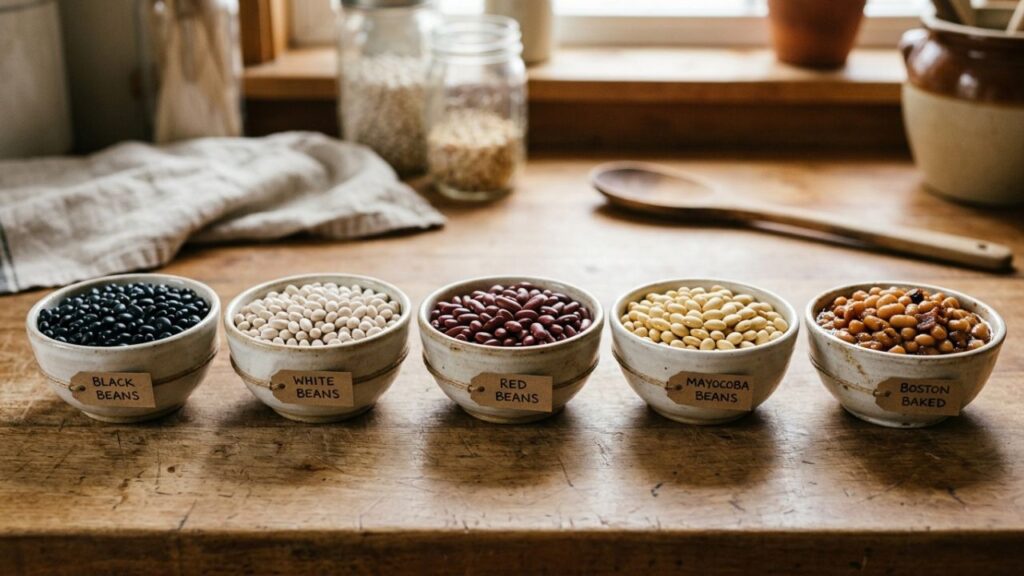 Different types of Bravo Beans: black, white, red, Mayocoba, and Boston baked