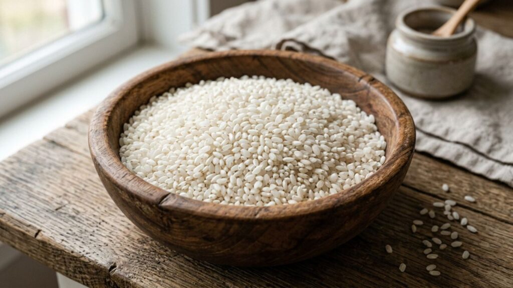 Raw Japonica rice grains close-up