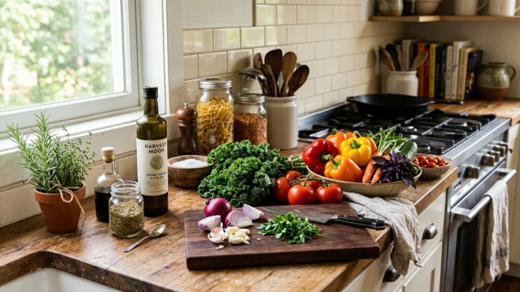 Vegetables with olive oil, herbs, and garlic on the counter.