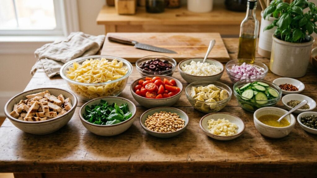 Fresh West Coast Pizza ingredients: veggies, cheese, dough