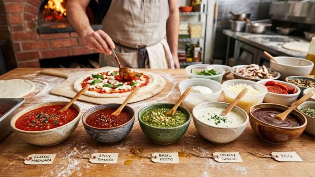 Different pizza sauces in bowls including pesto and tomato