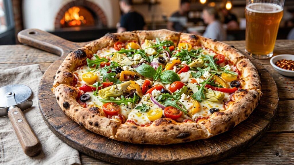 Freshly baked West Coast pizza with colorful vegetables on wooden board