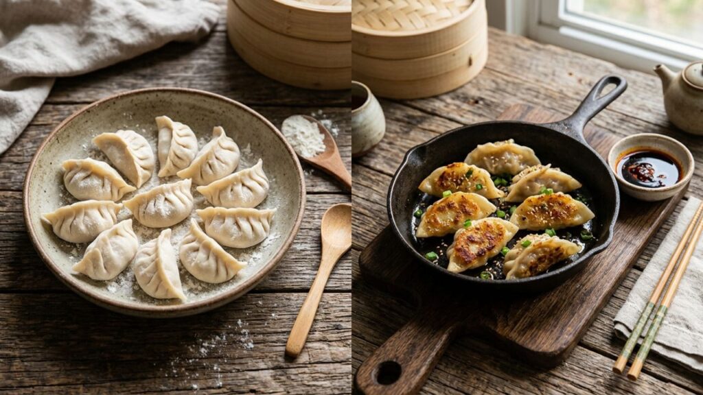 Uncooked and cooked Peking ravioli