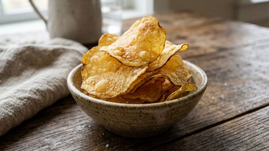 Close-up of beef tallow fried potato chips with crispy golden texture