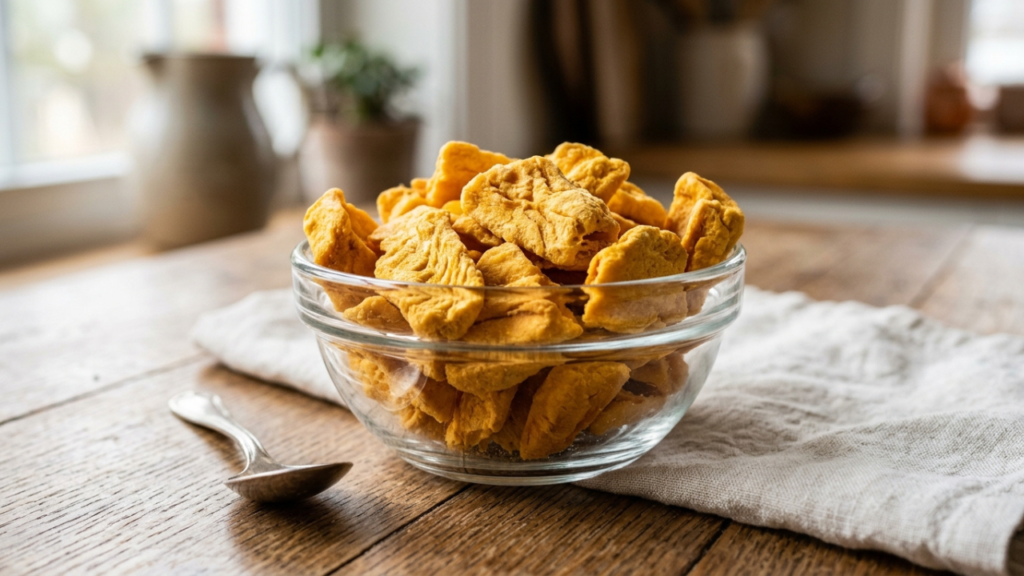 Crispy freeze dried mango pieces in a bowl