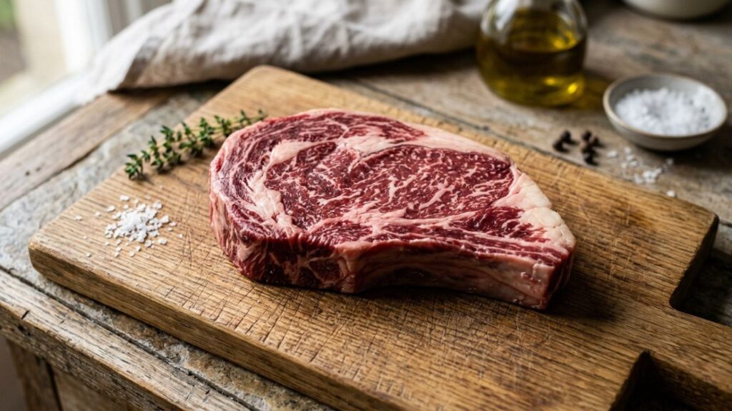A raw Galician Blond Steak showing its marbled texture.