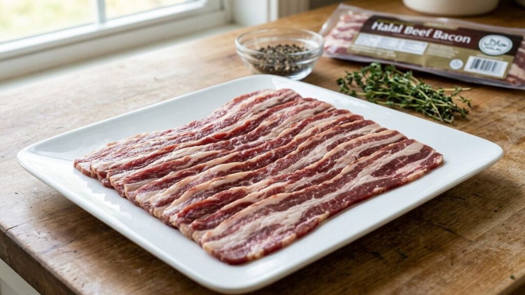 Raw halal bacon slices ready for cooking.