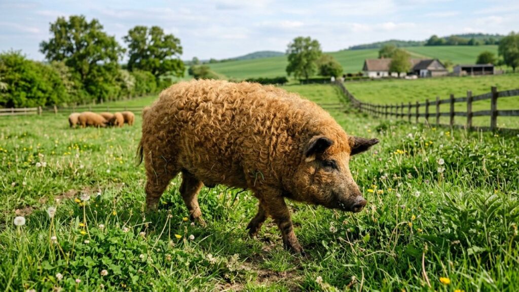 A Mangalitsa pig in its natural habitat, showcasing its unique curly wool.