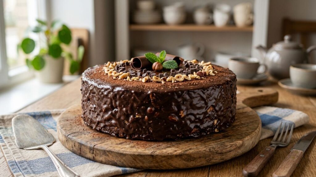 Whole mosaic cake before slicing, showing smooth chocolate surface.