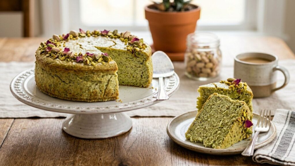 Sliced pistachio ricotta cake showcasing its moist texture