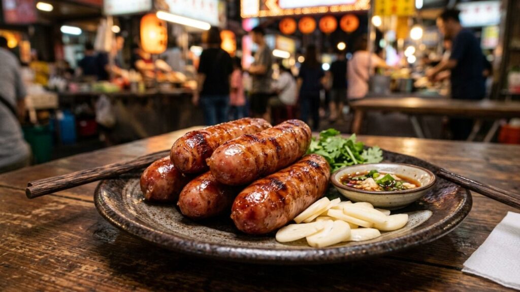 Whole Taiwan sausages on a plate, showing their natural casing.