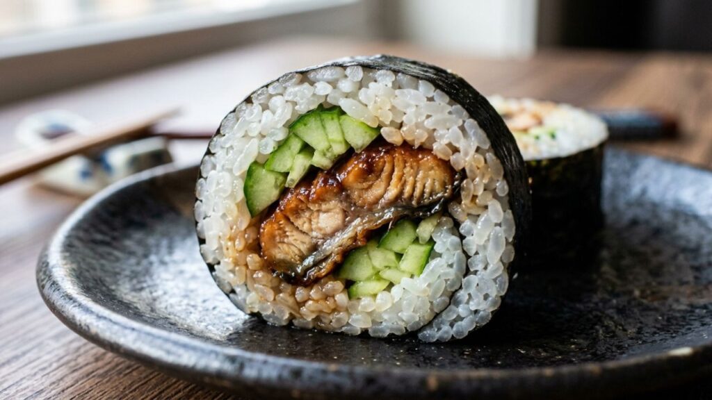 Close-up of eel cucumber roll showing eel, cucumber, and rice layers.